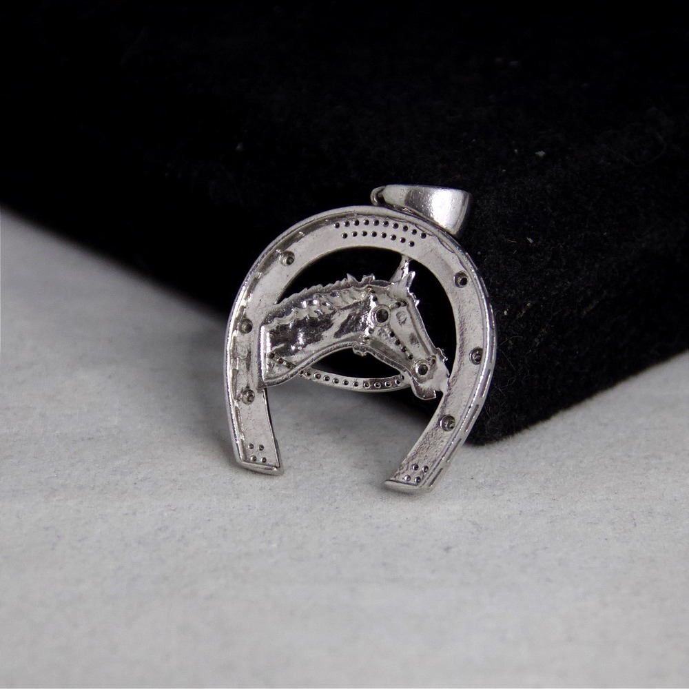 Sterling Silver 925 Horseshoe Horse Head Pendant Clear Stone Accents Equestrian - Picture 6 of 9